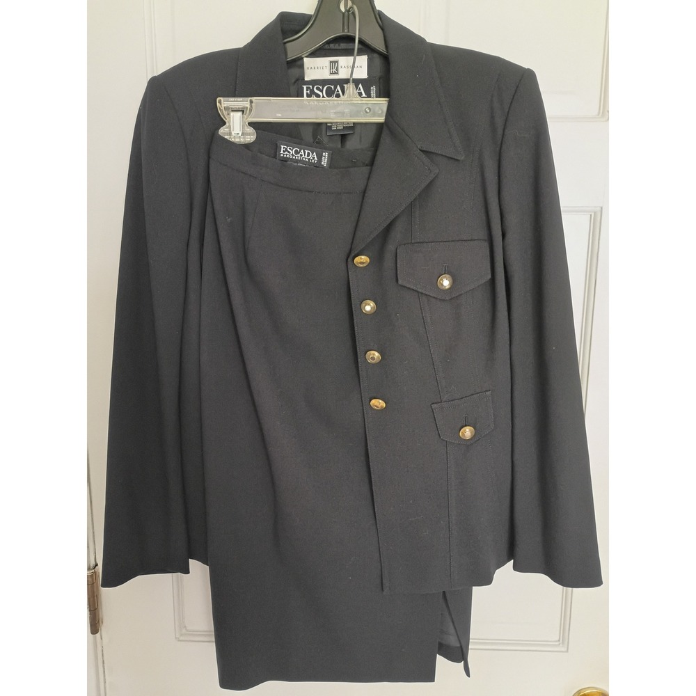 Escada Margaretha Ley Vintage Wool Skirt Suit Navy BlueMilitary Blazer Set 38 40